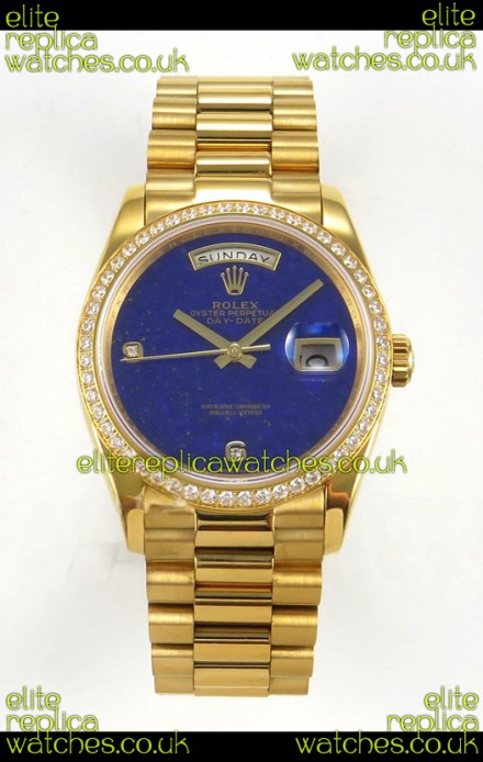 Rolex Day Date Yellow Gold Blue Lapis Dial Diamonds Bezel 36MM Swiss Replica