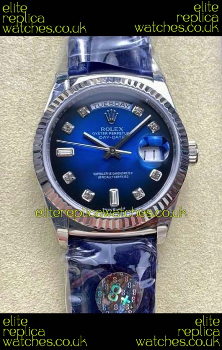 Rolex Day Date 128236 Stainless Steel Blue Ombre Diamonds Dial Super Clone Watch 