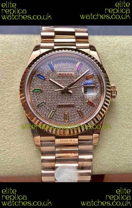 Rolex Day Date 128345RBR Rose Gold Diamonds Dial Super Clone Watch 