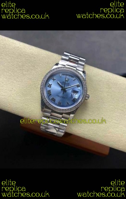 Rolex Day Date 128396TBR Steel Casing ICE Blue Roman Dial Swiss Replica Watch 