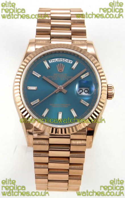 Rolex Day Date 128345 Rose Gold Green Crystal Dial Super Clone Watch 