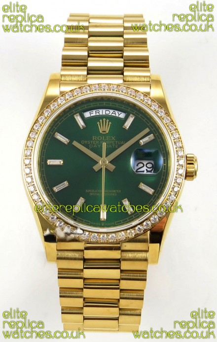 Rolex Day Date 128348 Yellow Gold Green Crystal Dial Diamonds Bezel Super Clone Watch 