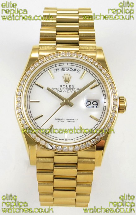 Rolex Day Date 128348 Yellow Gold White Dial Diamonds Bezel Super Clone Watch 