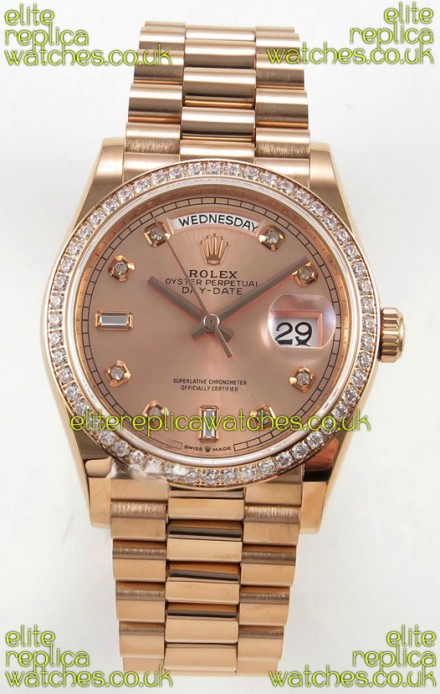 Rolex Day Date 128345 Rose Gold Diamonds Dial Super Clone Watch 