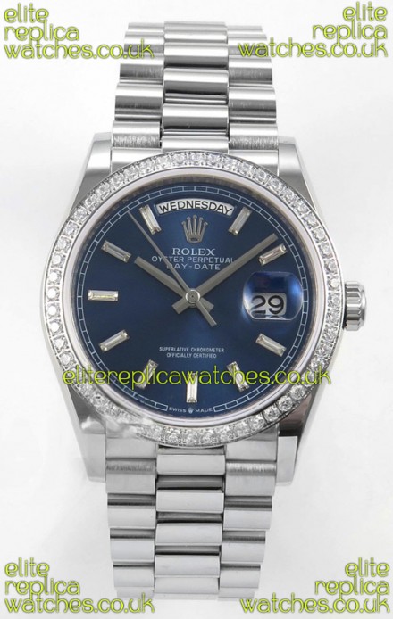 Rolex Day Date 128349 Stainless Steel Blue Crystal Dial Super Clone Watch 
