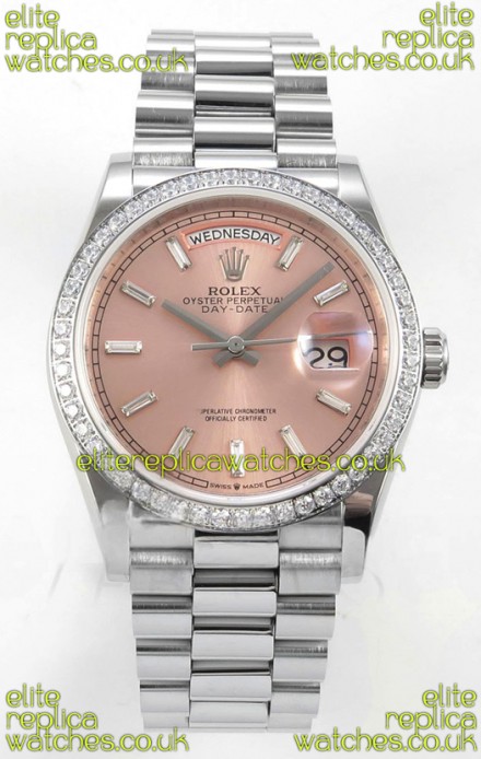 Rolex Day Date 128349 Stainless Steel Pink Crystal Dial Super Clone Watch 