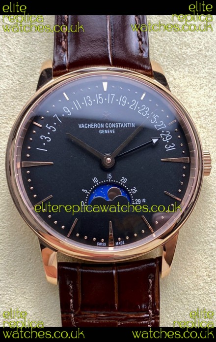 Vacheron Constantin Patrimony Moonphase Rose Gold Black dial Swiss Replica Watch 