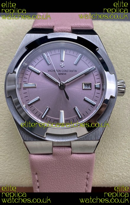 Vacheron Constantin Overseas 35MM Pink Dial Leather Strap Super Clone Watch 