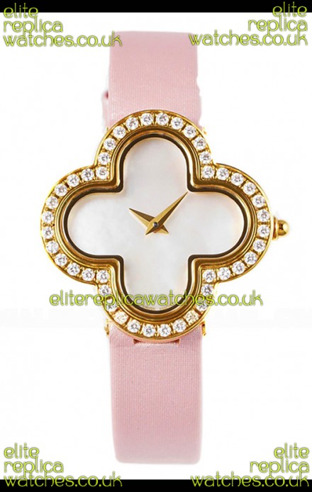Van Cleef & Arpels Alhambra Yellow Gold Diamonds Bezel Pink Strap Watch 