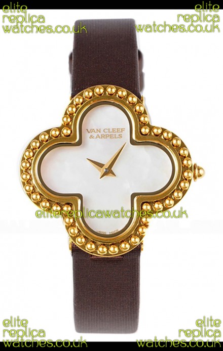Van Cleef & Arpels Alhambra Yellow Gold Brown Strap Watch 