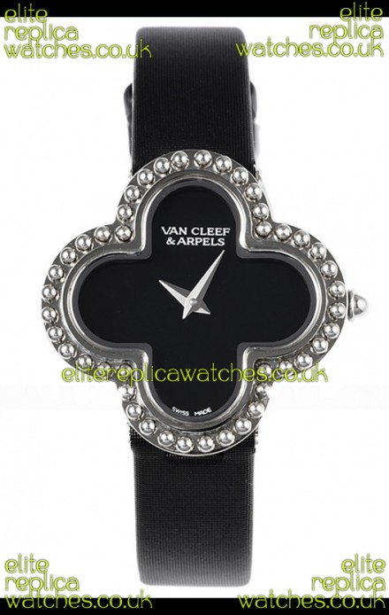 Van Cleef & Arpels Alhambra Stainless Steel Black Strap Watch 
