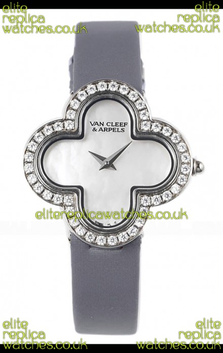 Van Cleef & Arpels Alhambra Stainless Steel Diamonds Bezel Grey Strap Watch 