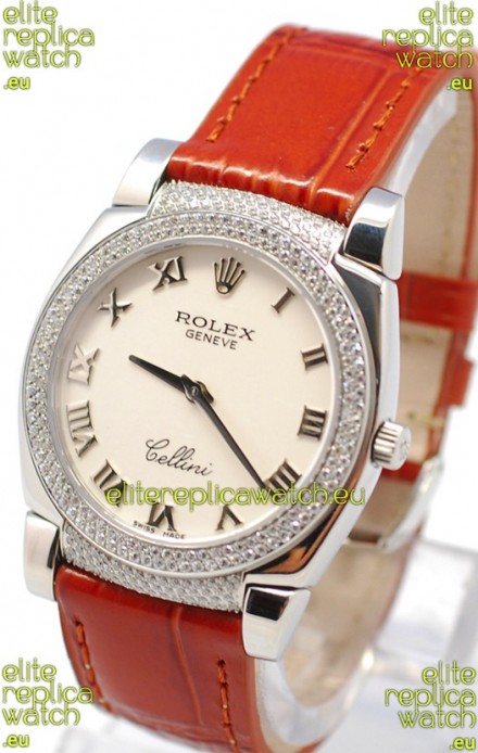 Rolex Cellini Cestello Ladies Swiss Watch Roman White Face Diamonds Bezel and Lugs