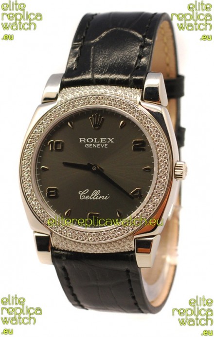 Rolex Cellini Cestello Ladies Swiss Watch in Matte Black Face Diamonds Bezel and Lugs