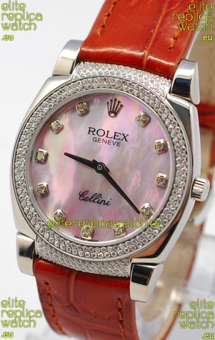 Rolex Cellini Cestello Ladies Swiss Watch in Pink Pearl Face Diamonds Hour, Bezel and Lugs