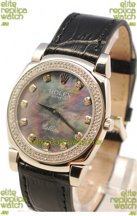 Rolex Cellini Cestello Ladies Swiss Watch in Black Pearl Face Diamonds Markers