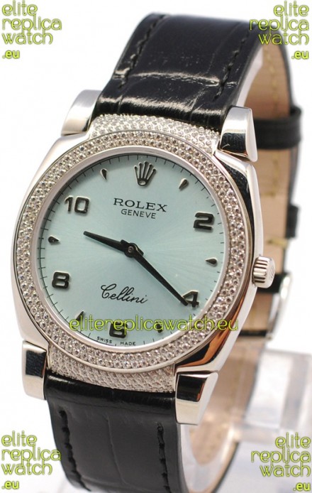 Rolex Cellini Cestello Ladies Swiss Watch in Blue Face Black Leather Strap Diamonds Bezel 