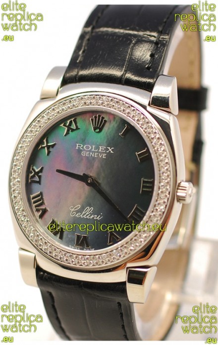 Rolex Cellini Cestello Ladies Swiss Watch in Black Pearl Face Roman Markers