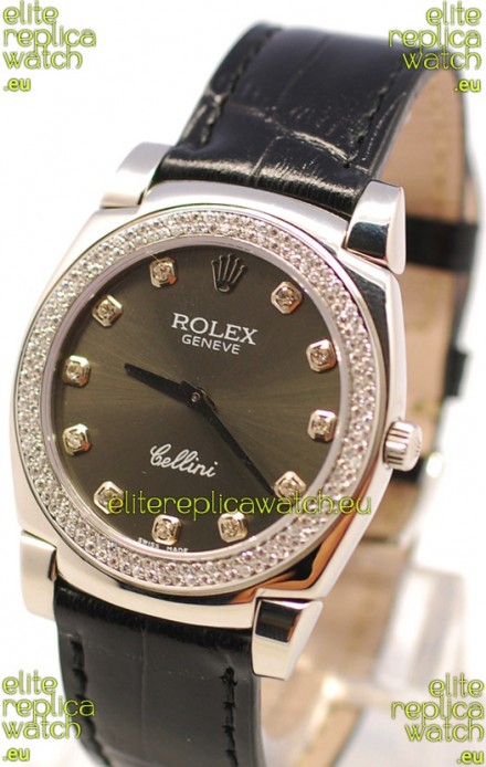 Rolex Cellini Cestello Ladies Swiss Watch in Matte Black Face and Diamond Markers
