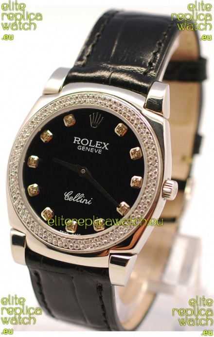 Rolex Cellini Cestello Ladies Swiss Watch in Black Face and Diamond Markers