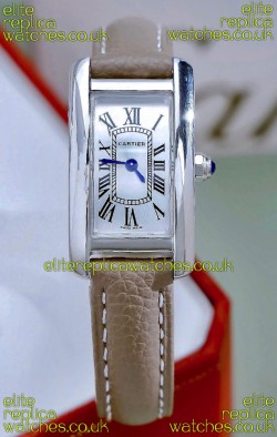 Cartier Tank Americaine Steel 19.4MM Beige Strap Swiss Quartz Watch 