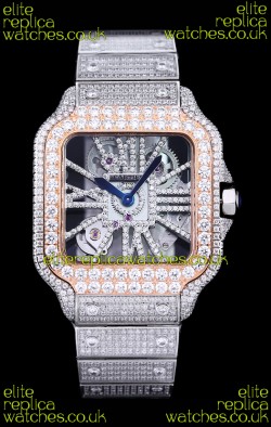 Cartier "Santos De Cartier" Skeleton moissanite Paved Super Clone Watch 