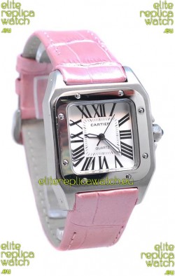 Cartier Santos 100 Japanese Ladies Replica Watch in Pink Leather Strap