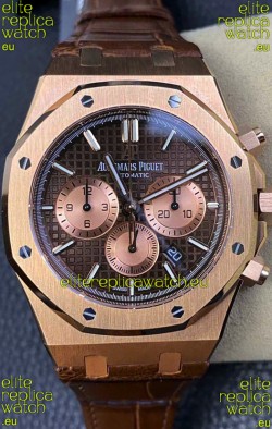 Audemars Piguet Royal Oak Chronograph Rose Gold Brown Dial Leather Strap Swiss Replica Watch