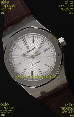Audemars Piguet Royal Oak 41MM Silver Dial Leather Strap - 1:1 Mirror Ultimate Edition