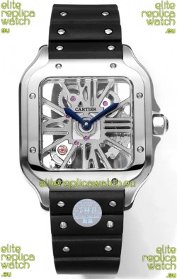 Santos De Cartier Watch in Skeleton Dial - Stainless Steel Casing & Bezel Black Rubber Strap