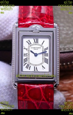 Cartier Tank Reversible Swiss Quartz Replica Watch in Steel Casing - Red Strap