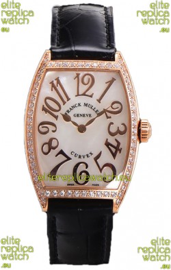 Franck Muller Cintree Curvex Mother of Pearl Dial Watch in Rose Gold Plating - Black Strap 