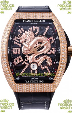 Franck Muller Vanguard Yachting Dragon V45 Black Dial in Gold Diamonds Bezel Swiss Replica