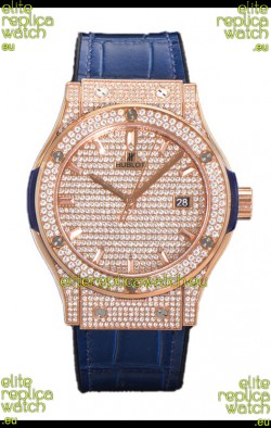 Hublot Classic Fusion Automatic Rose Gold Diamonds Paved Dial Blue Strap 42MM Superclone Replica Watch 