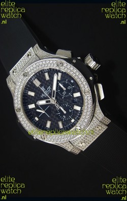 Hublot Big Bang Carbon Dial Diamonds Studded Stainless Steel Swiss Watch 