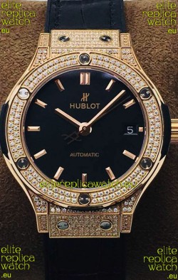 Hublot Classic Fusion Diamonds Rose Gold Black Dial 38MM Swiss Replica Watch 1:1 Mirror Quality