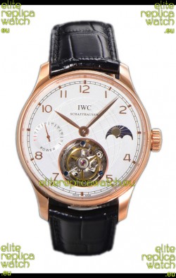 IWC Portugese Hand-Wound Genuine Tourbillon White Dial Rose Gold Casing Swiss Replica Watch 
