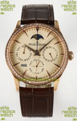 Jaeger LeCoultre Super Clone Master Ultra-Thin Perpetual Calendar Cream Dial Diamonds Bezel Watch