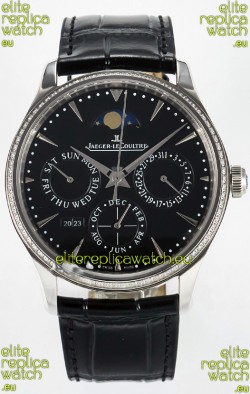 Jaeger LeCoultre Super Clone Master Ultra-Thin Perpetual Calendar Black Dial Diamonds Watch