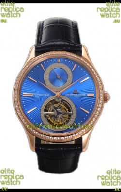 Jaeger LeCoultre Master Ultra-Thin Tourbillon Blue Dial Rose Gold Casing Watch 