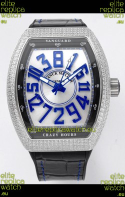 Franck Muller Vanguard Crazy Hours in Stainless Steel Diamonds - White Dial Swiss Replica Watch 