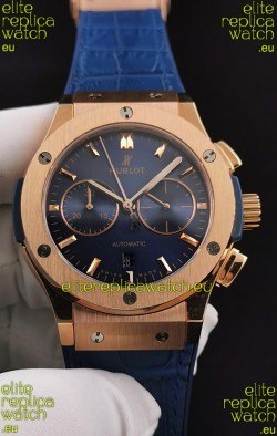 Hublot Classic Fusion Chronograph Rose Gold Casing Blue Dial 1:1 Mirror Replica Watch 