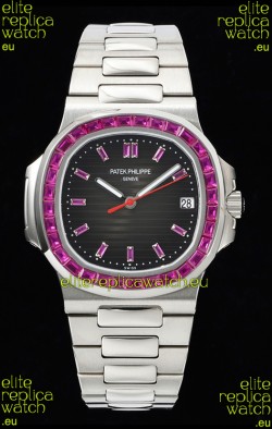 Patek Philippe Nautilus 5711 Black Dial 1:1 Mirror Replica in 904L Steel with Rubies Bezel