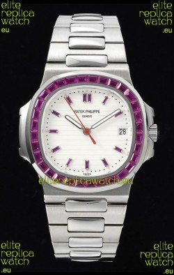 Patek Philippe Nautilus 5711 White Dial 1:1 Mirror Replica in 904L Steel with Rubies Bezel