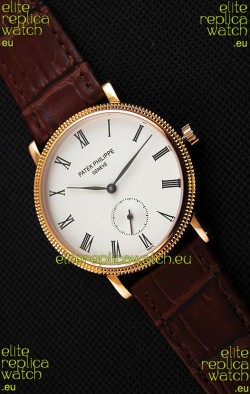 Patek Philippe Calatrava Japanese Mens Watch in Yellow Gold Case Brown Strap