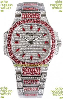 Patek Philippe Nautilus 7118R 35MM 1:1 Red Diamonds Paved Watch in Steel Casing 