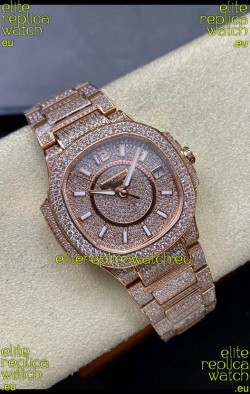 Patek Philippe Nautilus 7010 Diamonds Paved Rose Gold 32MM 1:1 Mirror Replica - Genuine Diamonds