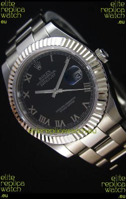 Rolex Datejust Japanese Replica Watch - Black Dial Roman Markers in 41MM with Oyster Strap