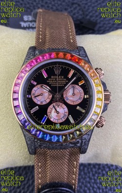Rolex Daytona DiW Carbon Edition Rainbow Bezel - Forged Carbon Casing Khaki Strap 1:1 Mirror Replica