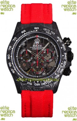 Rolex Daytona DiW Skeleton Carbon Edition Watch - Forged Carbon Casing Red Strap 1:1 Mirror Replica